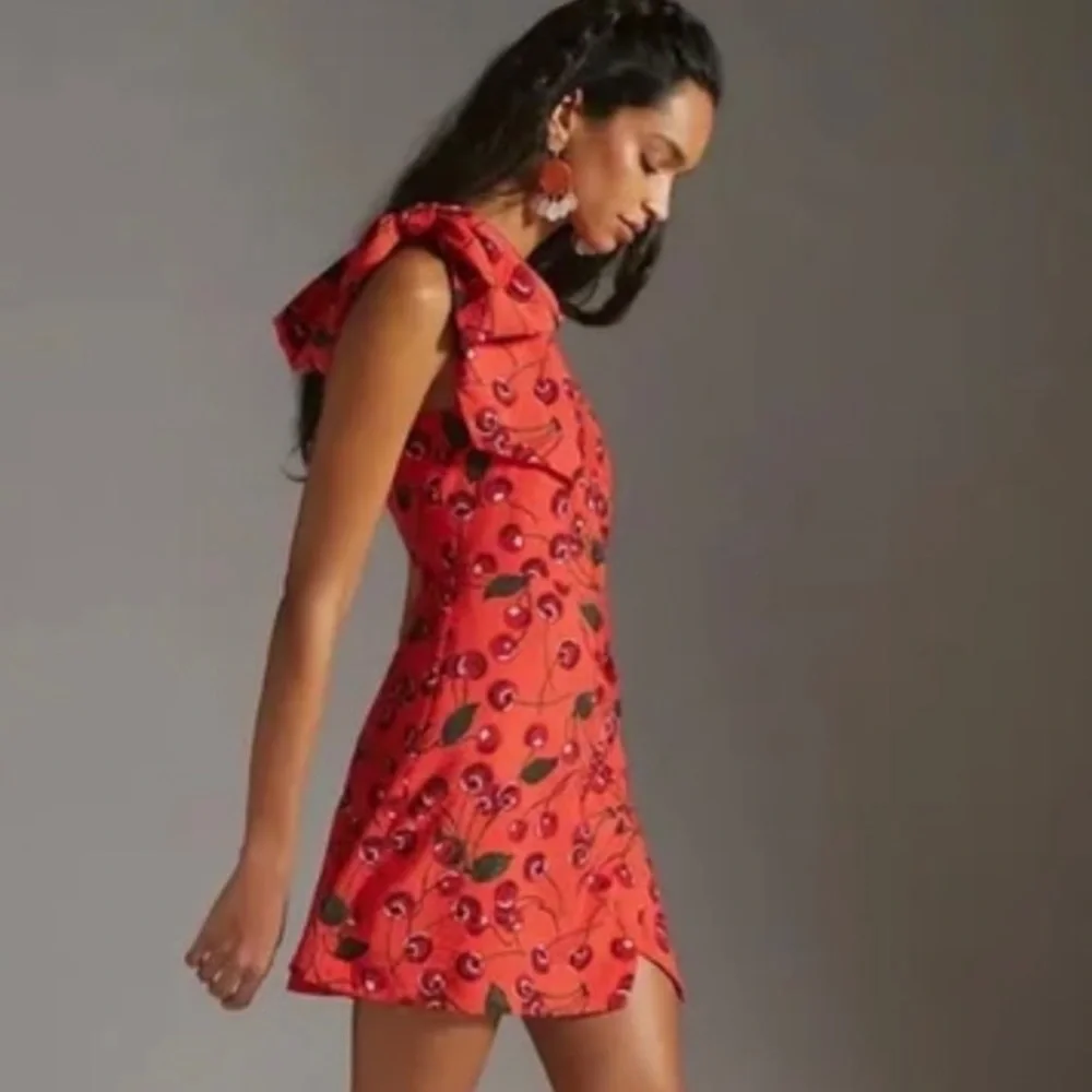 Anthropologie Maeve One-Shoulder Cherries Printed Mini Dress 14 NWT_3